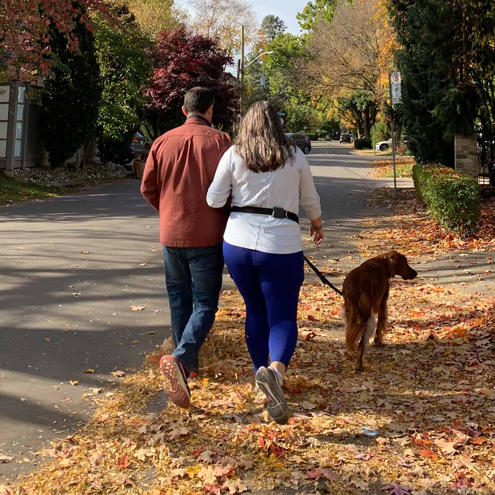 Couple walking dog with hands-free dog leash on an autumn street covered in colorful leaves for safe relaxed strolls.