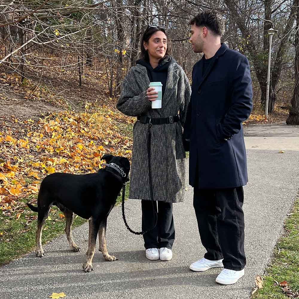 Couple chatting while using hands-free dog leash to walk black dog in a scenic autumn park with colorful fallen leaves.