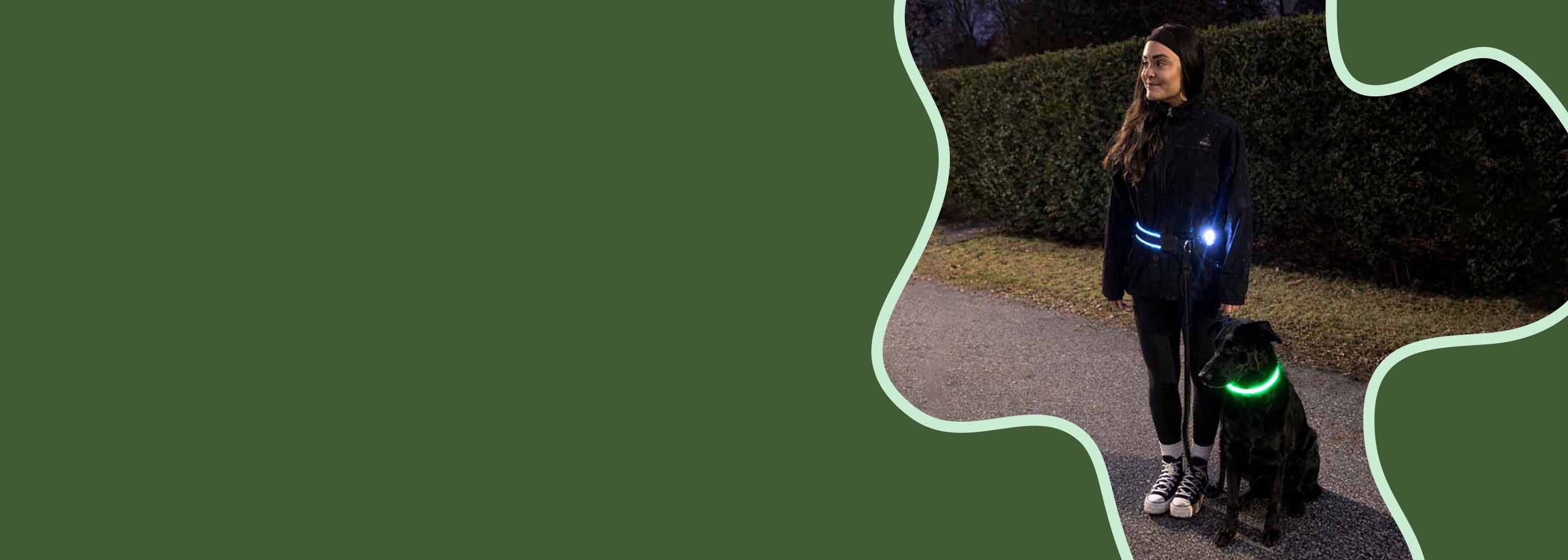 Hands-free dog leash used during a relaxed evening walk, showing a woman and her dog enjoying a safe, outdoor lifestyle.