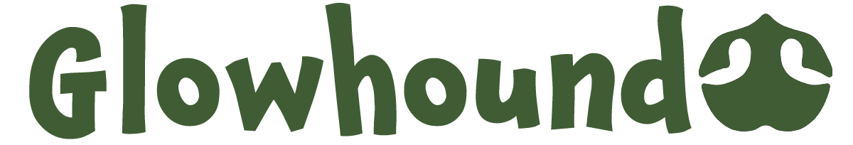 Glowhound logo in green promoting Glowhound and hands-free dog leash brand for safe, stylish walking with your dog.