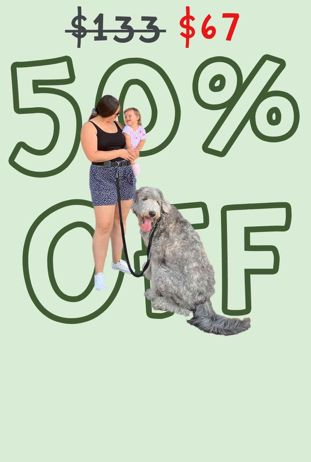 Mom and baby with dog using hands-free dog leash showing 50% off sale, promoting safe and easy walks for families and pets.