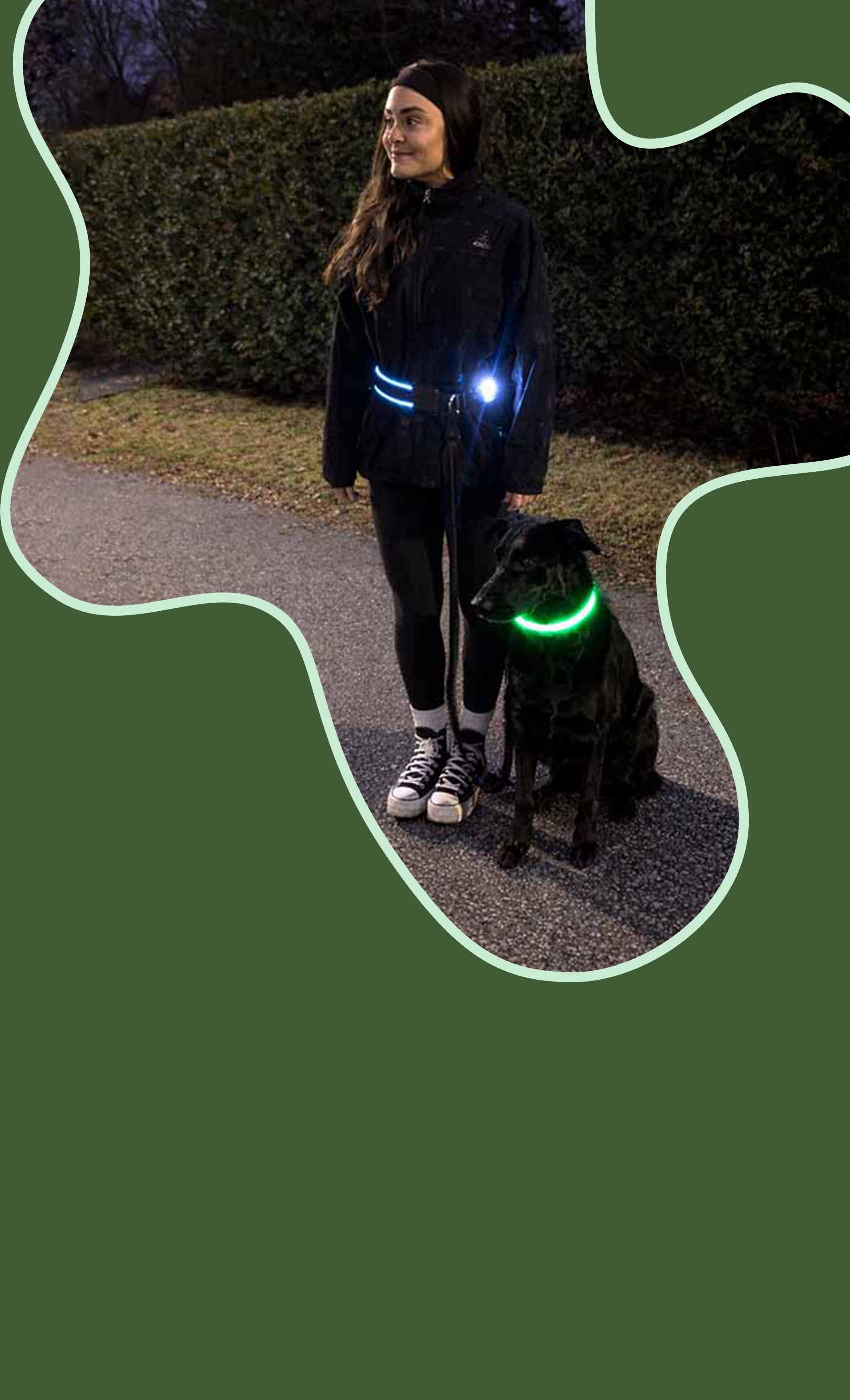 Woman walking her dog at night using a hands-free dog leash with built-in safety lights and a glowing dog collar for visibility.